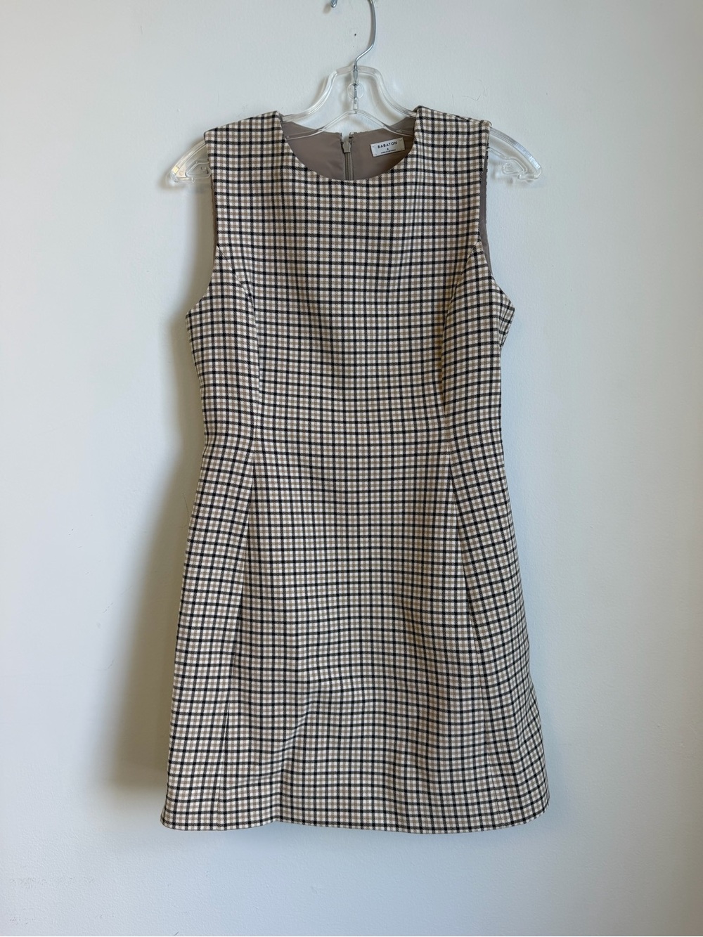 Babaton Sleeveless Plaid Shift Dress in Beige and Black